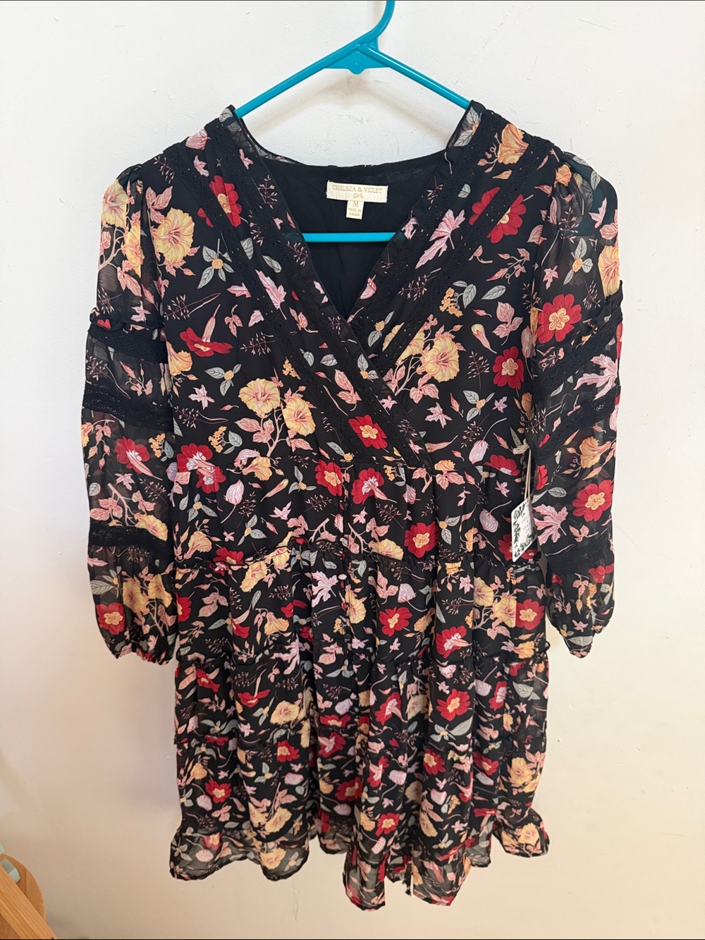 Chelsea & Violet Black Floral Dress with Red and Yellow Blooms NWT